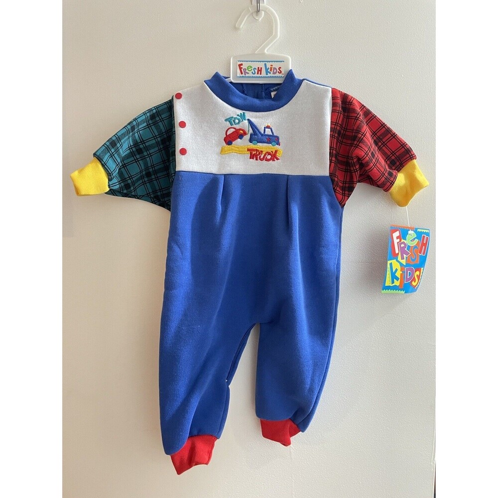 Vtg Fresh Kids Baby Boy One-Piece Romper Size 3-6M Jumper Tow Truck Color Block